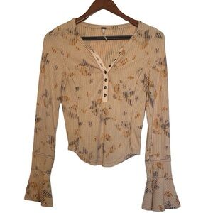 Free People Light Orange Floral Button Down Flared Sleeve Shirt